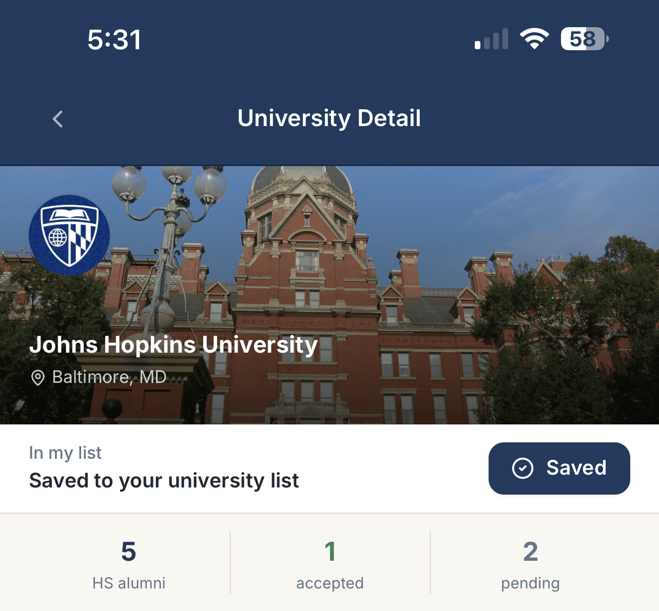 Johns Hopkins University overview with saved status and alumni connection counts