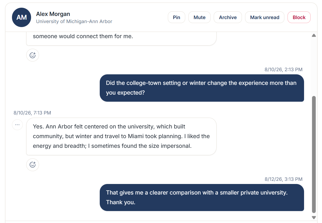A student and University of Michigan alum discussing the college experience