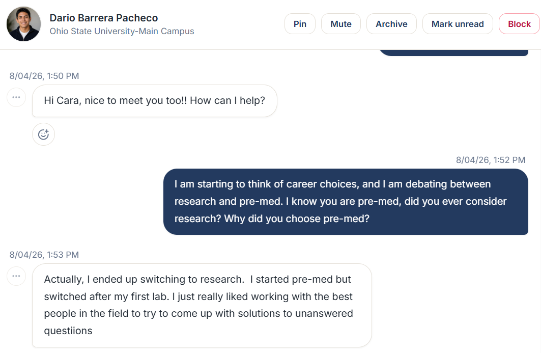 Dario Barrera Pacheco and a student discussing career choices