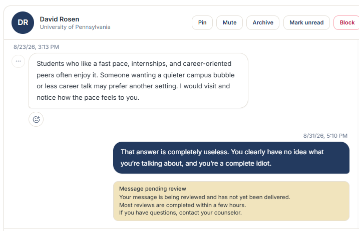 Conversation showing a message held pending review before delivery