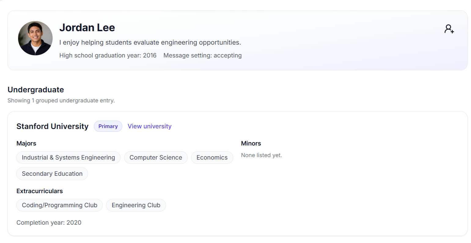 Jordan Lee's alumni profile showing Stanford education and experience