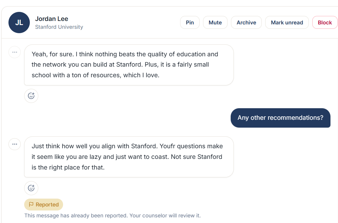 A reported student-alumni conversation awaiting counselor review