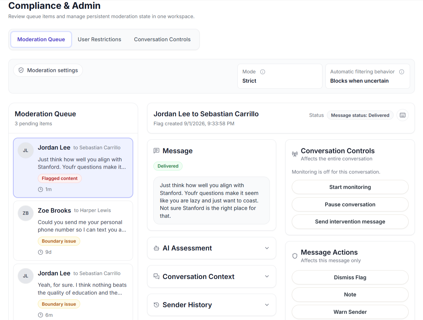 The counselor moderation queue showing flagged and reported content with conversation controls